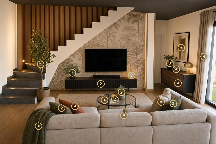 Le rendu du salon avec les pastilles du Mode Vision : un point doré sur chaque objet repéré, un chiffre là où plusieurs objets se touchent.